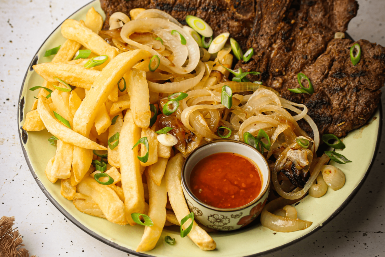 Steak and Chips with Fried Onions