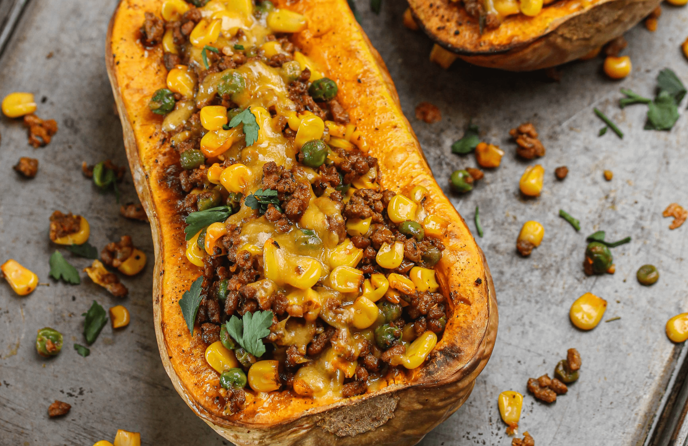 Mince, Beans and Corn Stuffed Butternut